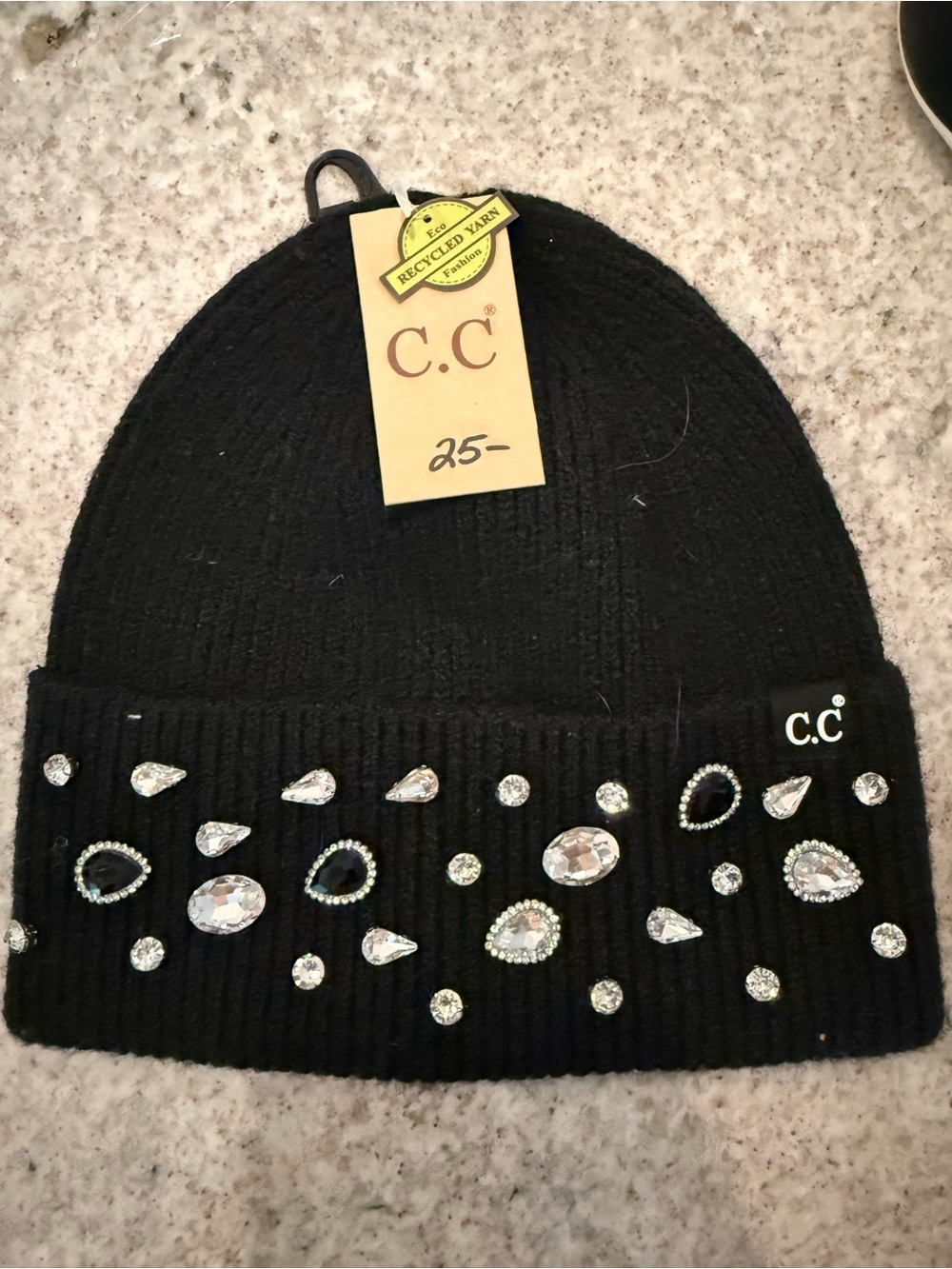C.C Black Ribbed Beanie with Crystal Embellishments